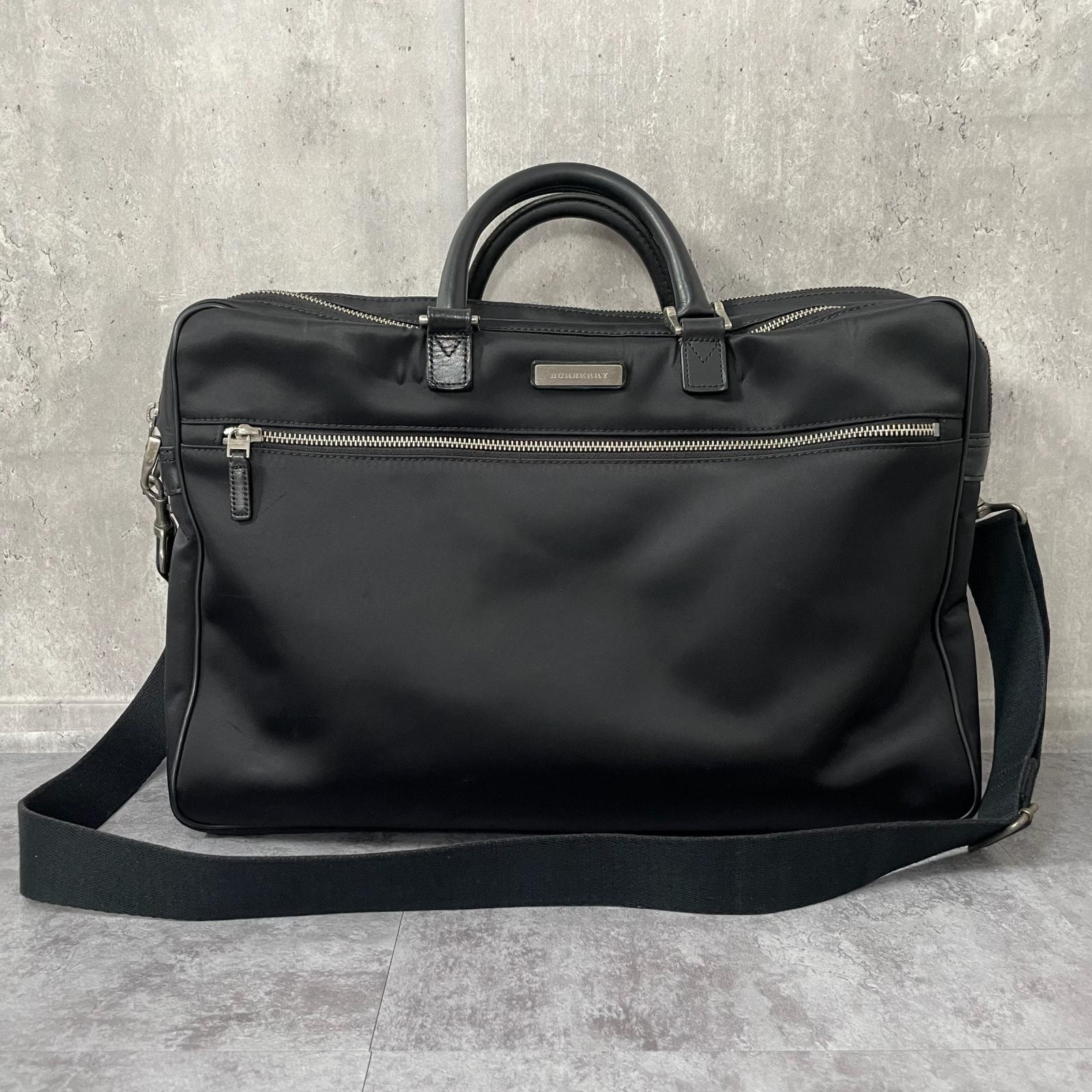 【BURBERRY】バーバリー 2WAY ビジネスバッグ ブリーフケース ショルダーバッグ ナイロン レザー ブラック 内側ノバチェック ロゴプレート シルバー金具 メンズ