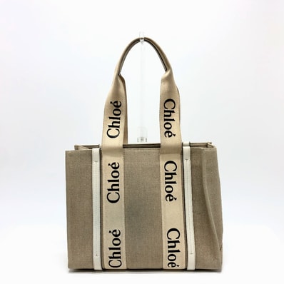 クロエ Chloe ウッディ ミディアム ロゴ ハンドバッグ トートバッグ キャンバス ベージュ