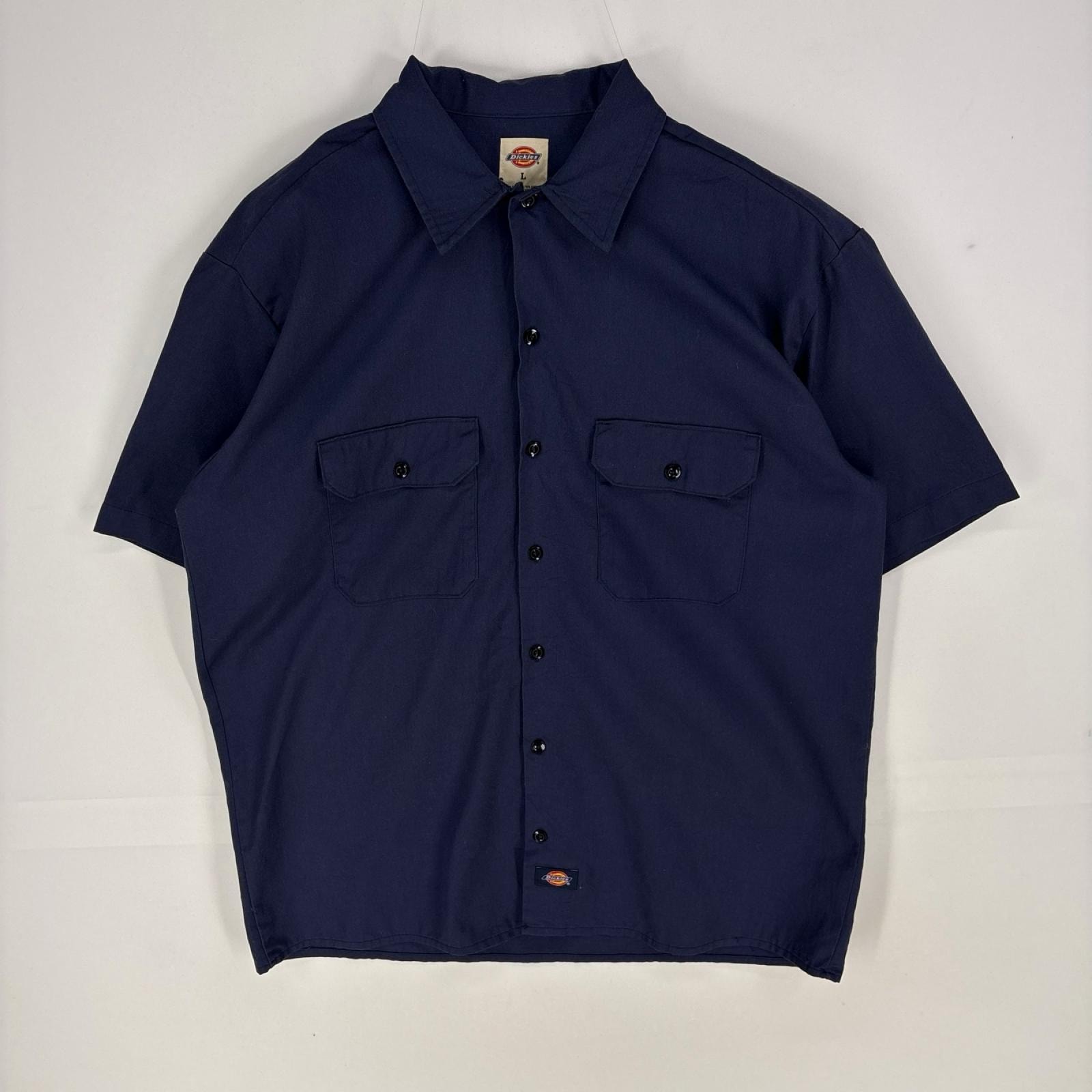 古着 ディッキーズ Dickies 半袖シャツ 胸ポケット ワーク ショートスリーブ L  ネイビー系 無地 メンズ