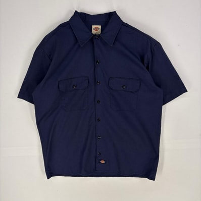 古着 ディッキーズ Dickies 半袖シャツ 胸ポケット ワーク ショートスリーブ L ネイビー系 無地 メンズ