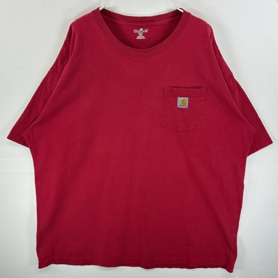 古着 カーハート Carhartt 半袖Tシャツ 肉厚 胸ポケ ワンポイント ロゴ 2XL レッド 無地 メンズ