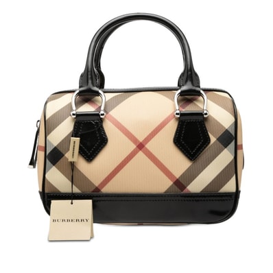 バーバリー ノバチェック ハンドバッグ ブラック ベージュ系 PVC レザー レディース BURBERRY 【中古】