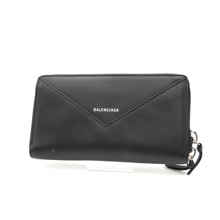 BALENCIAGA(バレンシアガ)ペーパー コンチネンタル ジップアラウンドウォレット 長財布 ブラック レザー シルバー金具 ラウンドファスナー メンズ レディース【中古】