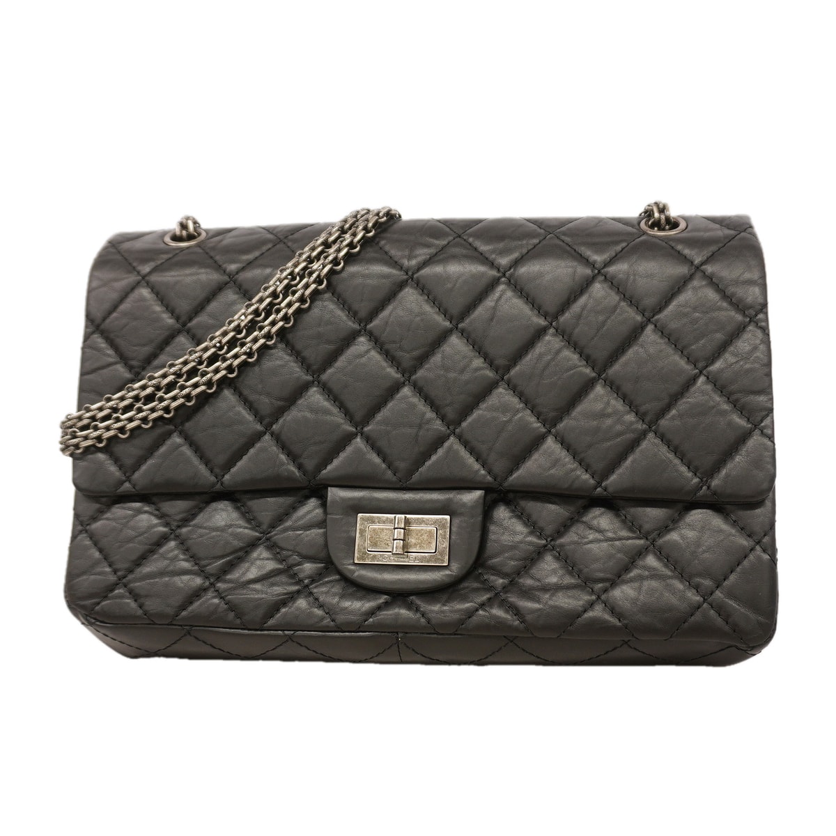 ★SALE【6ka0279】シャネル ショルダーバッグ 2.55/マトラッセ Wフラップ Wチェーン マキシ レザー ブラック シルバー金具【中古】レディース