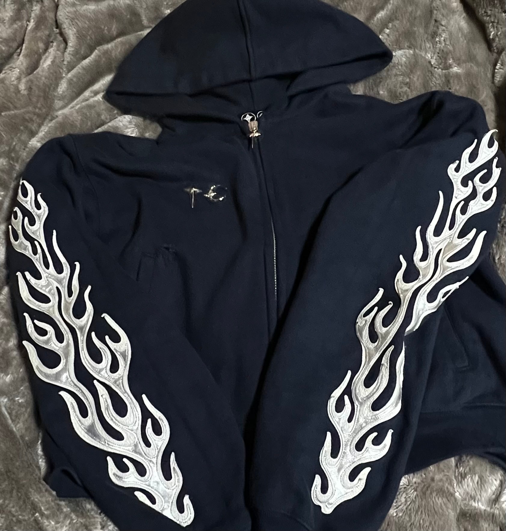 サグクラブ レザー フレイム クロップド フード ジップ アップ "ネイビー"