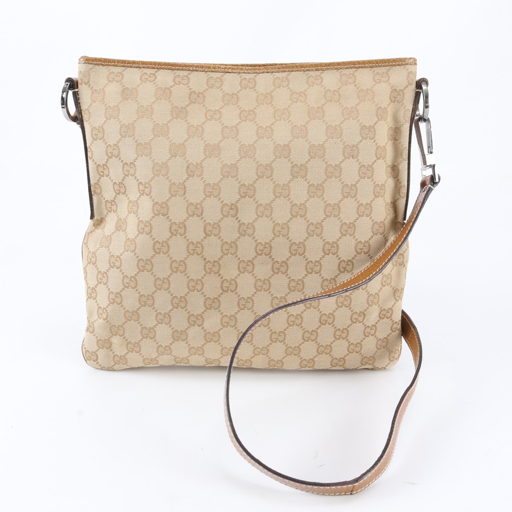 GUCCI ベージュ レザー ショルダーバッグ C (やや傷や汚れあり)】グッチ ロゴプリント ショルダーバッグ 523588