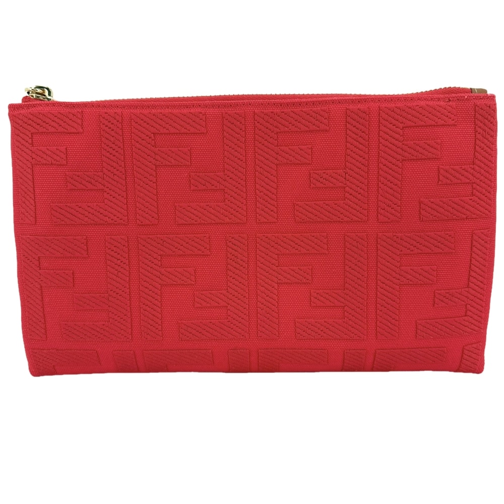 FENDI フェンディ ポーチ ズッカ メイクポーチ 化粧ポーチ 小物入れ 8N0148 キャンバス  レザー   レッド 赤 ゴールド金具 レディース 美品【中古品】
