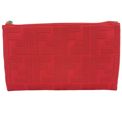 FENDI フェンディ ポーチ ズッカ メイクポーチ 化粧ポーチ 小物入れ 8N0148 キャンバス レザー レッド 赤 ゴールド金具 レディース 美品【中古品】