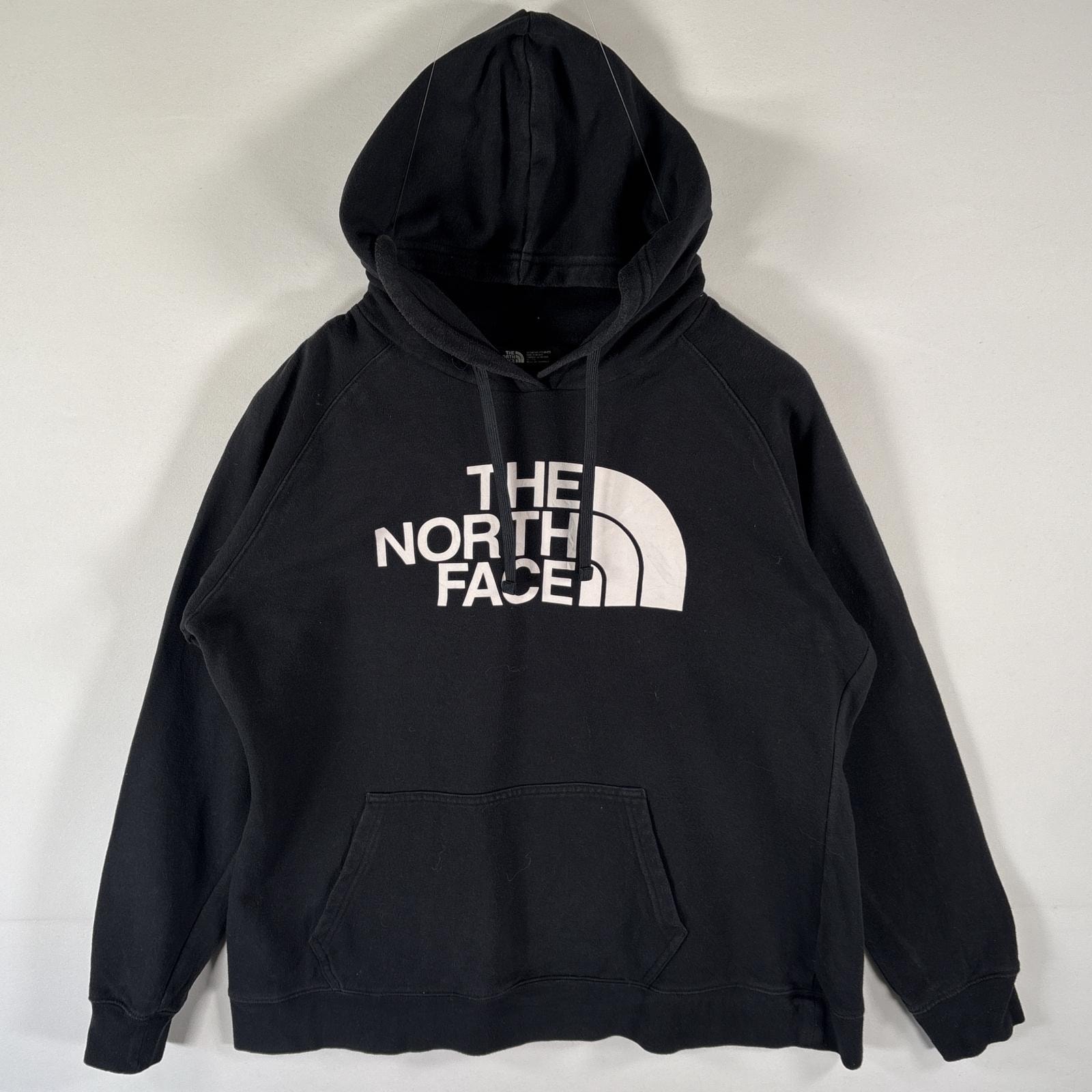古着 ザ・ノースフェイス THE NORTH FACE パーカー ビッグロゴプリント スウェット フーディ プルオーバー XL ブラック レディース