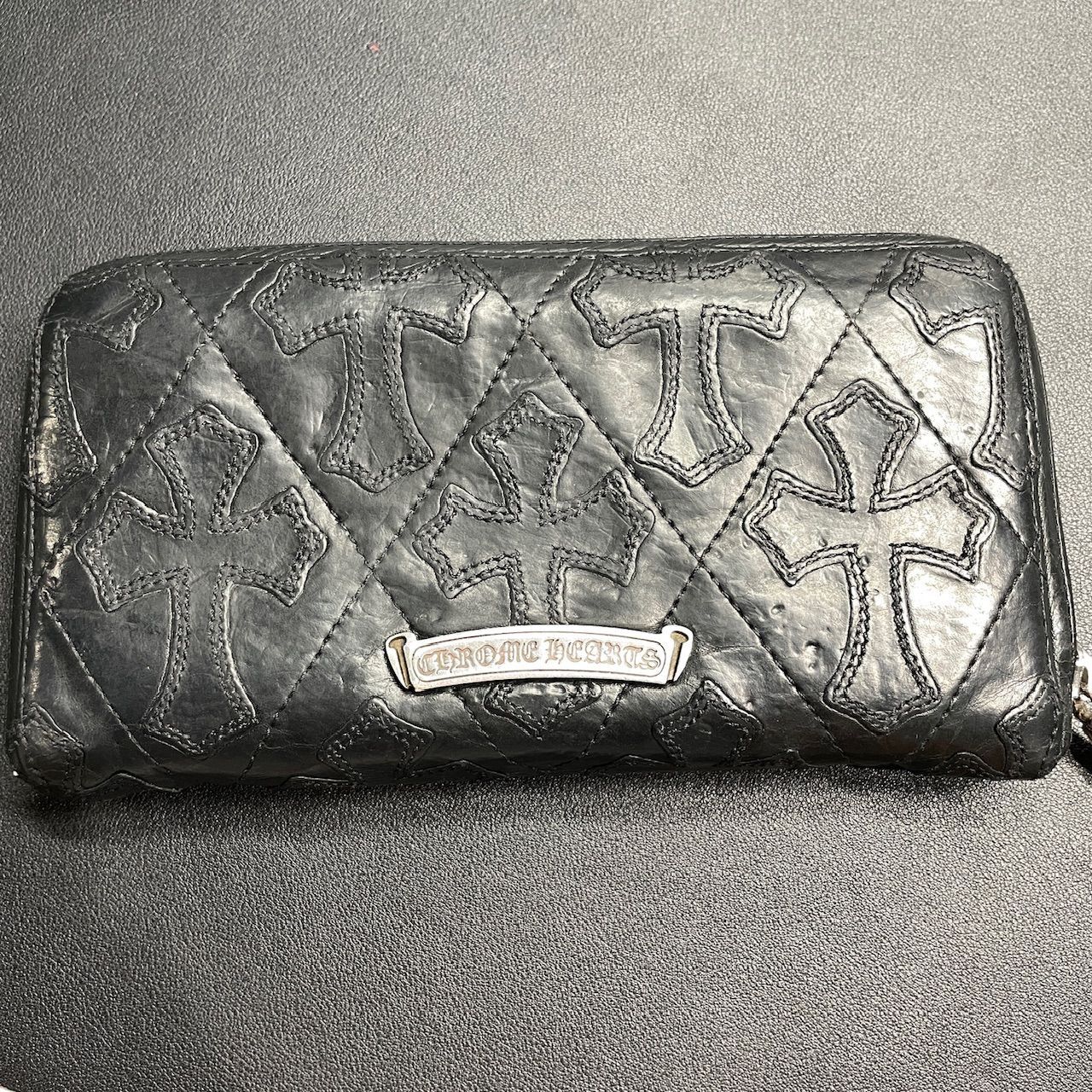 Chrome Hearts REC F Zip Cemetary Cross Quilted Destroy Leather Wallet "Black"