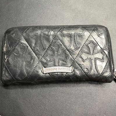 Chrome Hearts REC F Zip Cemetary Cross Quilted Destroy Leather Wallet "Black"