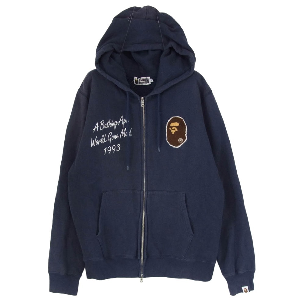 A BATHING APE アベイシングエイプ パーカー 001ZPE701007X ワッペン付き 裏起毛 ジップアップ フルジップ パーカー フーディー ネイビー系 L【中古】