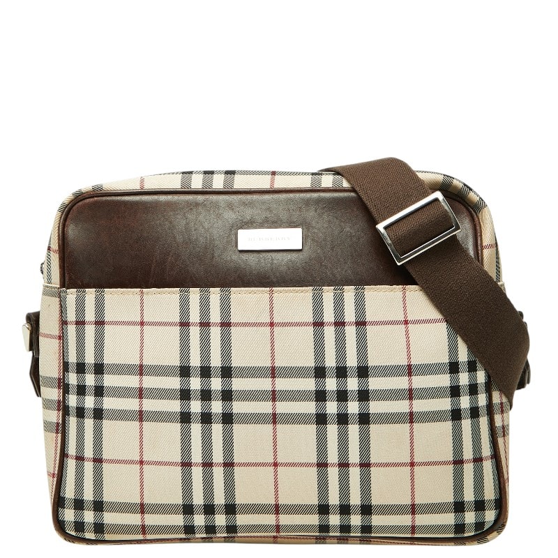 バーバリー ノバチェック 斜め掛け ショルダーバッグ ベージュ ブラウン ブラック キャンバス レザー レディース BURBERRY 【中古】