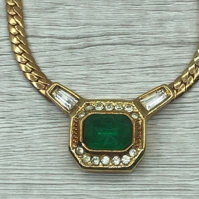 Dior Emerald Glass Stone Necklace "Gold"