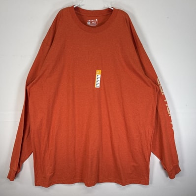 古着 カーハート Carhartt 長袖Tシャツ 大きいサイズ クルーネック 袖 プリント 2XL TALL オレンジ メンズ