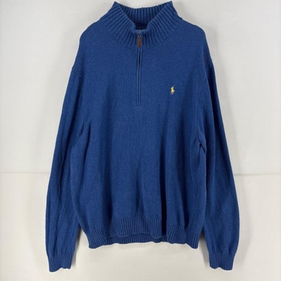 古着 ポロ・ラルフローレン POLO RALPH LAUREN ニット ワンポイント ロゴ トレーナー 刺繍 セーター ハーフジップ 2XL ブルー メンズ