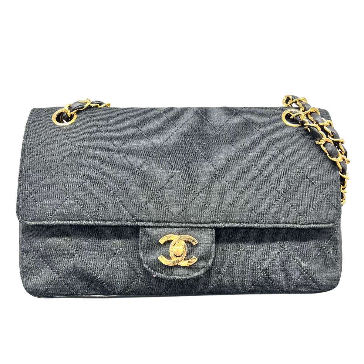 CHANEL 希少 シャネル マトラッセ 25 コットンジャージー ラムスキン コンビ Wチェーンショルダーバッグ Wフラップ A01112 0番台シリアル コットン レザー ゴールド金具 クロスボディ クラシック Bランク 中古 鑑定済