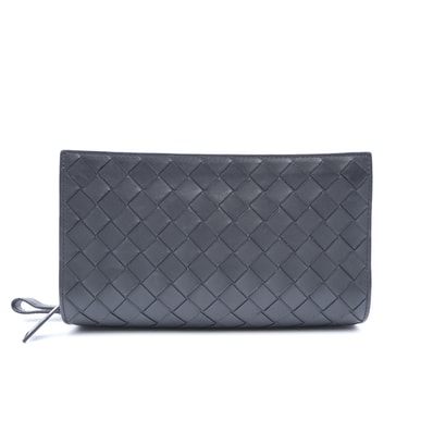 BOTTEGA VENETA(ボッテガ・ヴェネタ)イントレチャート ダブルジップ 長財布 トラベルケース ブラック レザー メンズ レディース ユニセックス【中古】