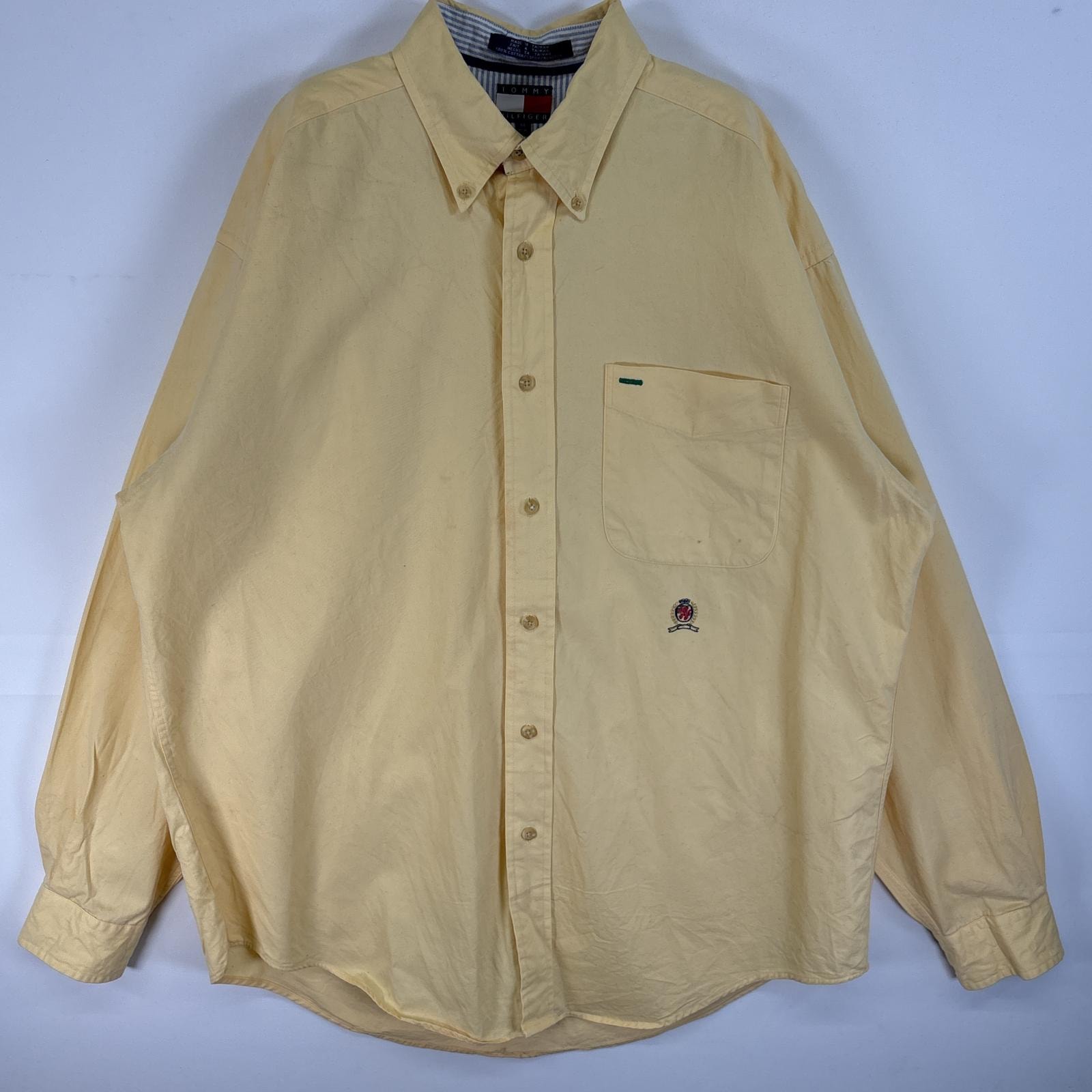古着 90's/90年代 トミーヒルフィガー TOMMY HILFIGER 長袖シャツ ロゴ 刺繍 胸ポケ M  イエロー 無地 メンズ