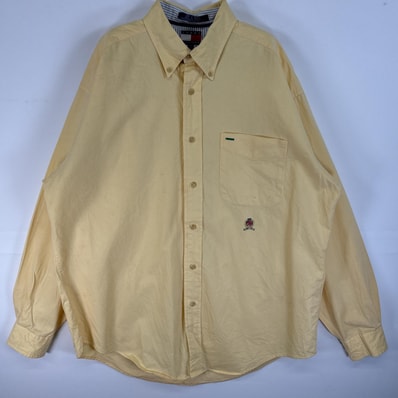 古着 90's/90年代 トミーヒルフィガー TOMMY HILFIGER 長袖シャツ ロゴ 刺繍 胸ポケ M イエロー 無地 メンズ