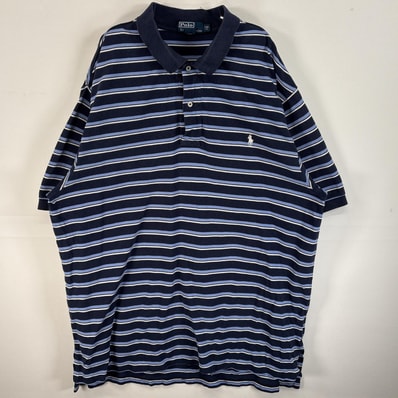 古着 90's/90年代 ポロバイラルフローレン Polo by Ralph Lauren 鹿の子 半袖 ポロシャツ ロゴ 刺繍 大きいサイズ ボーダー 2XB ネイビー系 マルチカラー メンズ