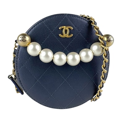 シャネル CHANEL ショルダーバッグ レザー/フェイクパール ネイビー レディース【中古】 z7771