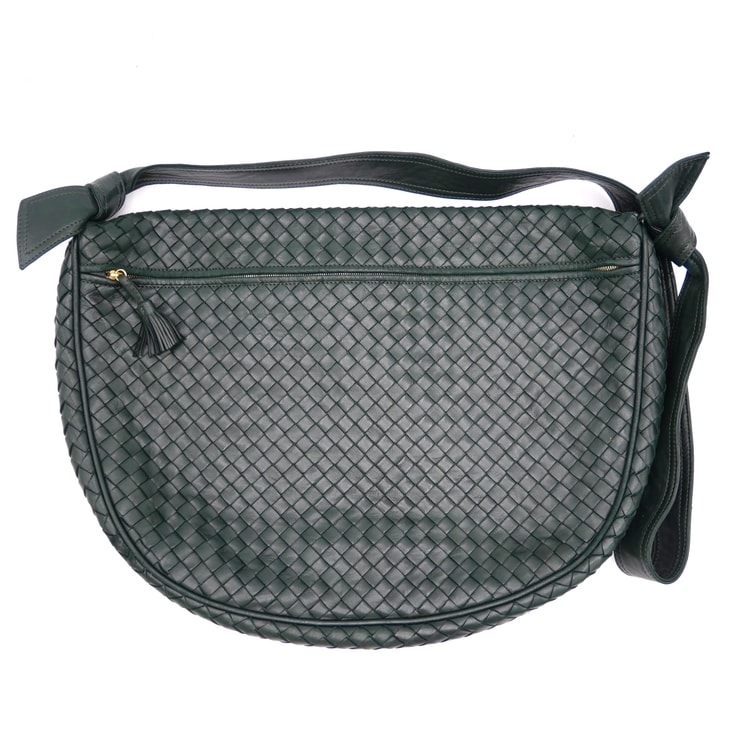 BOTTEGA VENETA(ボッテガヴェネタ)イントレチャート ヴィンテージ ショルダーバッグ メッセンジャーバッグ ダークグリーン レザー 編み込み フラップ タッセル ゴールド金具 レディース【中古】