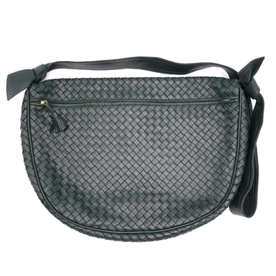 BOTTEGA VENETA(ボッテガヴェネタ)イントレチャート ヴィンテージ ショルダーバッグ メッセンジャーバッグ ダークグリーン レザー 編み込み フラップ タッセル ゴールド金具 レディース【中古】