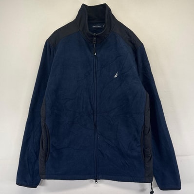 古着 ノーティカ NAUTICA フリース ジャケット フルジップ ワンポイントロゴ刺繍 ナイロン切り替え ツートンカラー S ネイビー系 メンズ