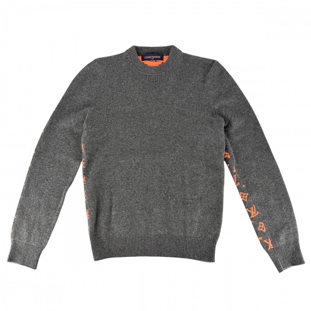LOUIS VUITTON ルイヴィトン ニット モノグラム トップス クルーネックセーター 長袖 アパレル 服 XS グレー オレンジ カシミヤ ウール メンズ 秋 冬 美品【中古品】