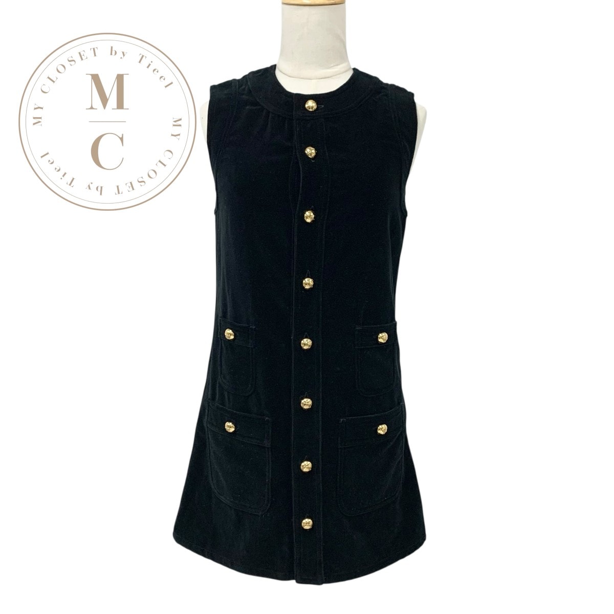 セリーヌ CELINE ワンピース コットン ブラック 黒 ゴールド トリオンフ ドレス ベロア ノースリーブ