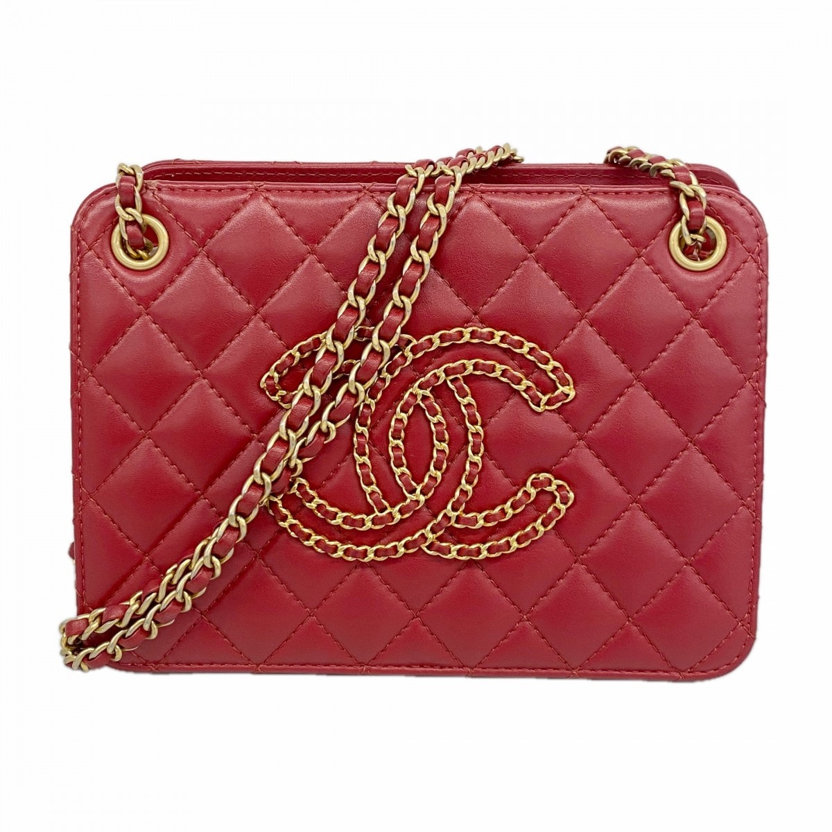 【6ee5792-k】シャネル ショルダーバッグ マトラッセ チェーンショルダー ラムスキン レッド ゴールド金具【中古】レディース