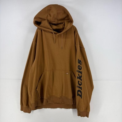 古着 ディッキーズ Dickies パーカー スウェット ロゴ プリント 袖ロゴ 裏起毛 大きいサイズ プルオーバー 2XL ブラウン 無地 メンズ