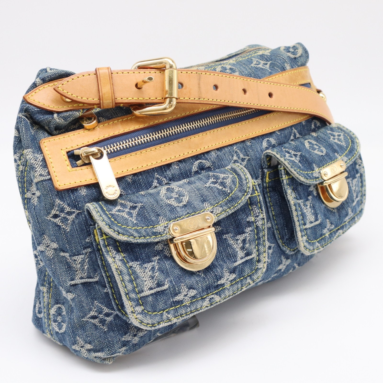 美品 LOUIS VUITTON ルイ・ヴィトン モノグラム デニム バギーPM M95049 ショルダーバッグ ブルー ベージュ コットン レザー レディース