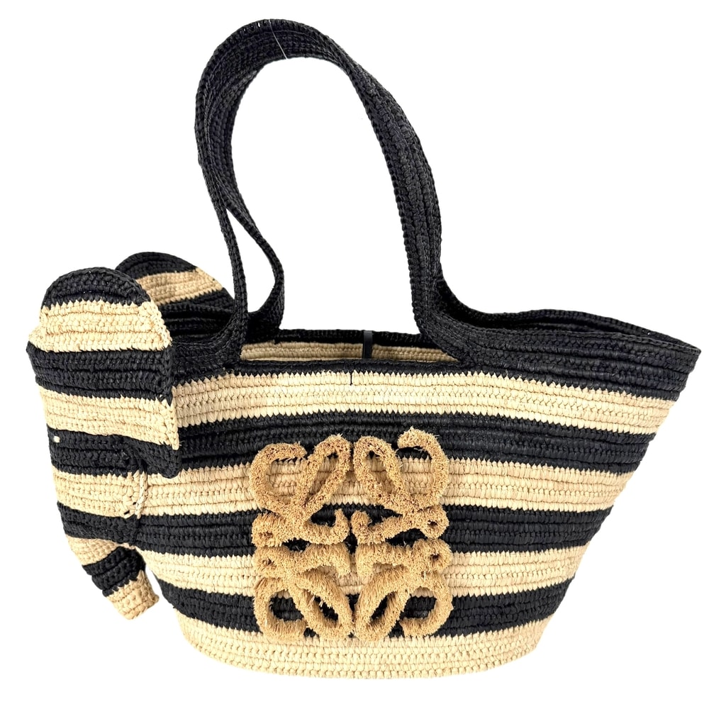 LOEWE ロエベ ハンドバッグ エレファント バスケットバッグ スモール 肩掛け アナグラム かごバッグ ボーダー ラフィア レザー ベージュ ブラック 黒 シルバー金具 レディース 夏【中古品】