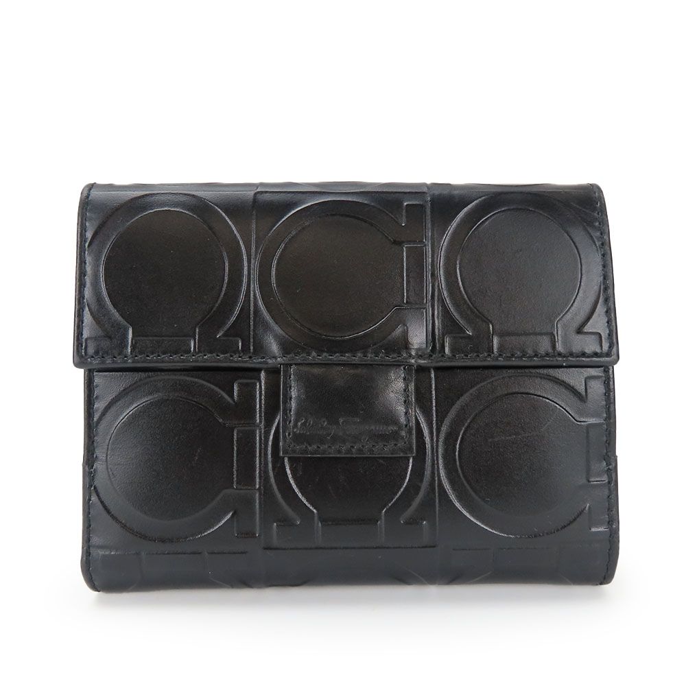 【中古】 サルヴァトーレフェラガモ 二つ折り財布 AQ-22 0791 ガンチーニ レザー ブラック シルバー金具 Wホック 普段使い レディース 女性 Salvatore Ferragamo