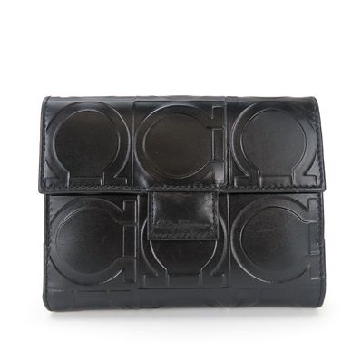 【中古】 サルヴァトーレフェラガモ 二つ折り財布 AQ-22 0791 ガンチーニ レザー ブラック シルバー金具 Wホック 普段使い レディース 女性 Salvatore Ferragamo