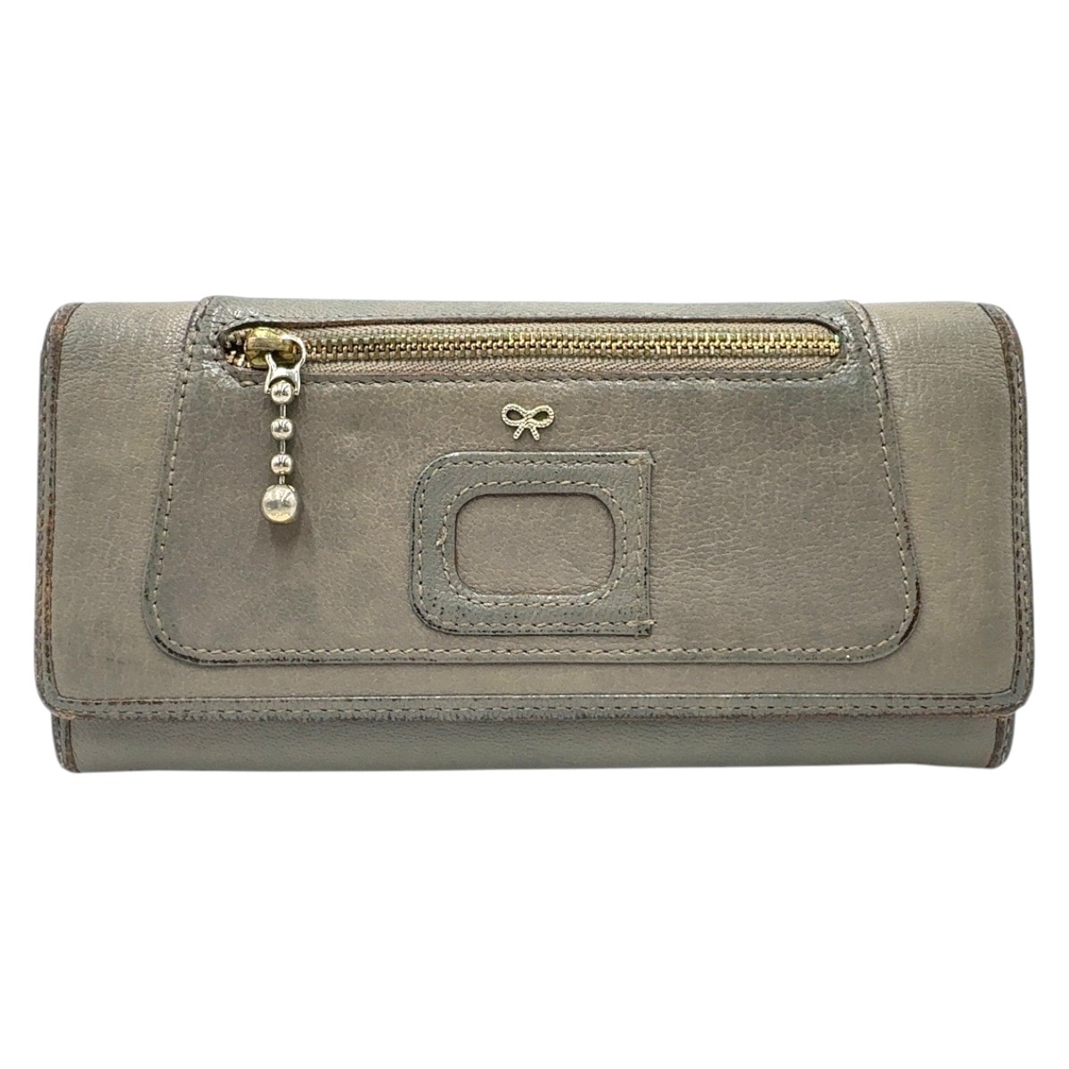 Anya Hindmarch アニヤ ハインドマーチ カーキ ゴールド金具 レザー 長財布 ロングウォレット 600582 【中古】