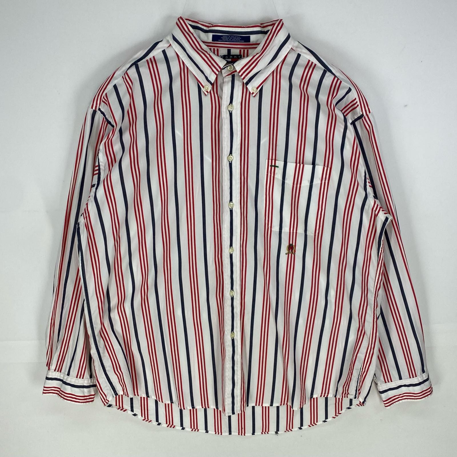 古着 トミーヒルフィガー TOMMY HILFIGER 長袖シャツ ワンポイント ロゴ刺繍 ロングスリーブ XL  レッド系 ストライプ メンズ