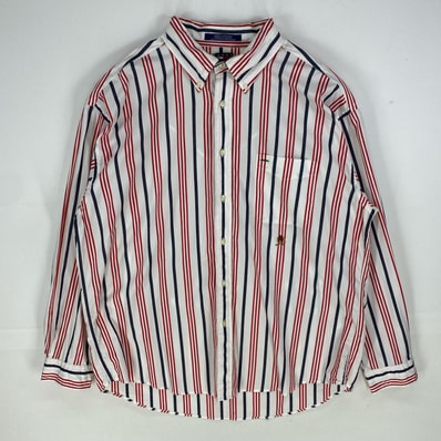 古着 トミーヒルフィガー TOMMY HILFIGER 長袖シャツ ワンポイント ロゴ刺繍 ロングスリーブ XL レッド系 ストライプ メンズ