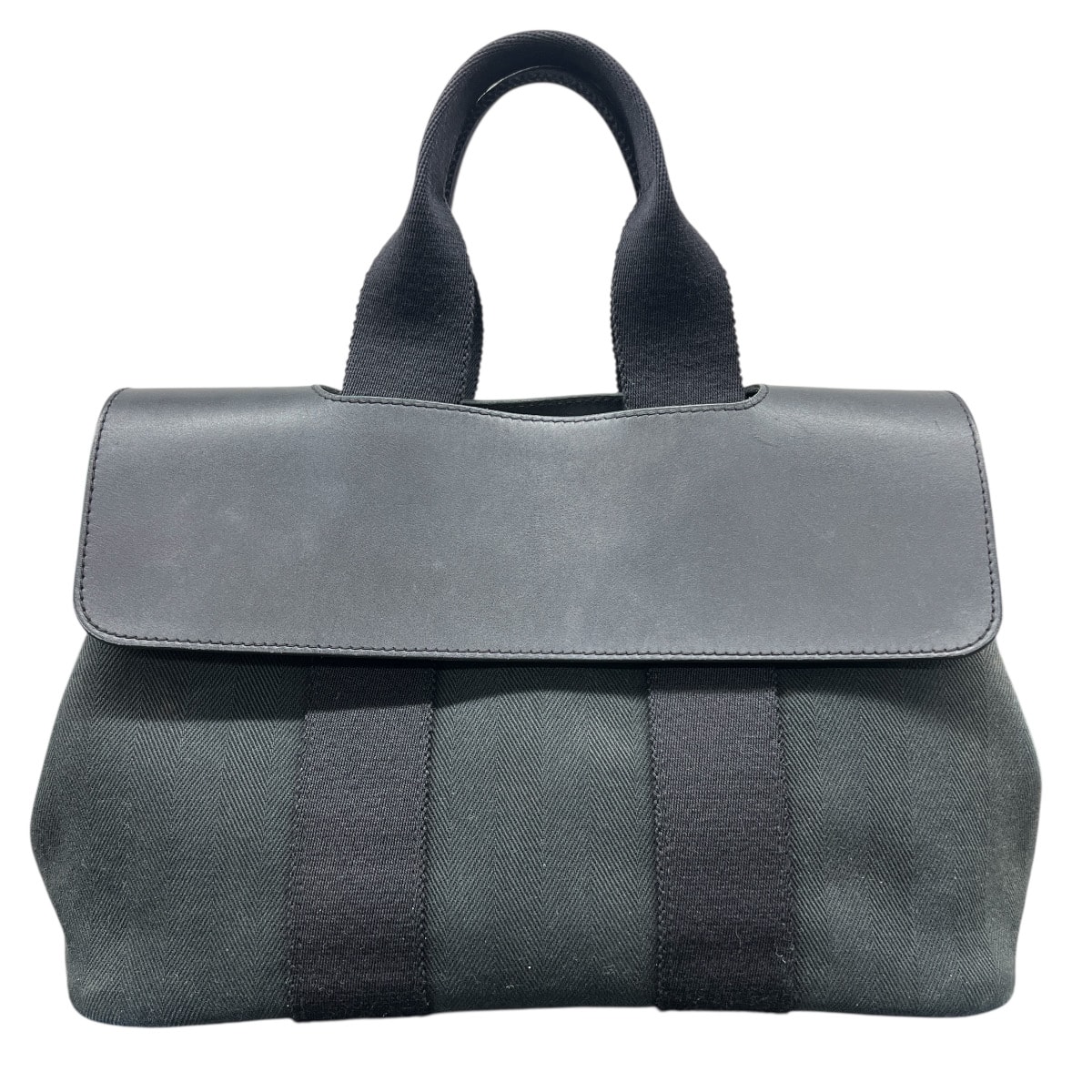 HERMES エルメス ヴァルパライソPM ハンドバッグ トワルシェブロン ヴォースイフト キャンバス レザー ブラック シルバー トートバッグ セリエ Bランク 中古 鑑定済 エルメスバッグ