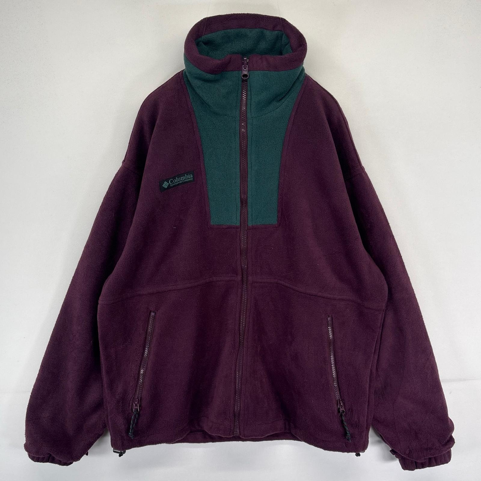 古着 コロンビア Columbia フリース ジャケット ワンポイントロゴ フルジップ 裾ドローコード S  ワインレッド系 メンズ