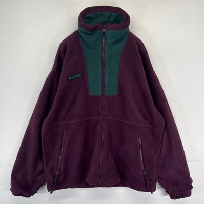 古着 コロンビア Columbia フリース ジャケット ワンポイントロゴ フルジップ 裾ドローコード S ワインレッド系 メンズ