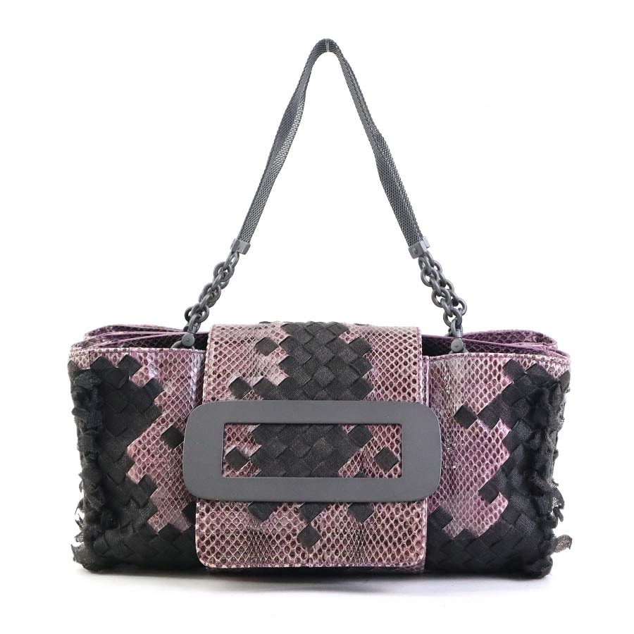 ボッテガヴェネタ BOTTEGAVENETA ハンドバッグ イントレチャート パイソン/ナイロン パープル×ブラック レディース【中古】 r10505a
