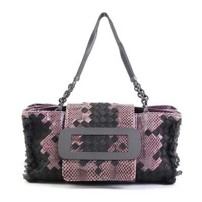 ボッテガヴェネタ BOTTEGAVENETA ハンドバッグ イントレチャート パイソン/ナイロン パープル×ブラック レディース【中古】 r10505a