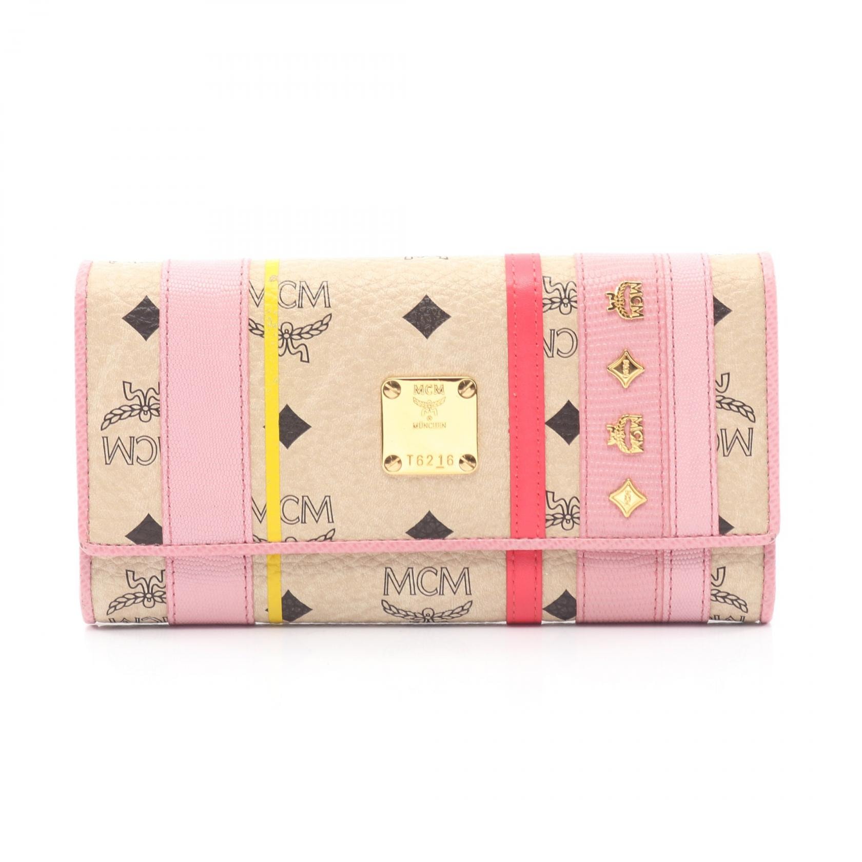 エム・シー・エム MCM ヴィセトス 二つ折り長財布 財布 レザー PVCコーティングキャンバス レディース ベージュ系 / ピンク系 【中古】