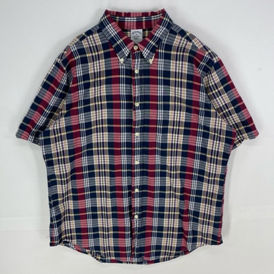 古着 ブルックスブラザーズ Brooks Brothers 半袖シャツ ボタンダウン 1818 胸ポケット XL ネイビー系 チェック メンズ