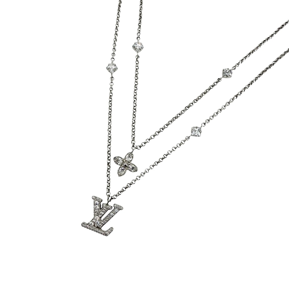 LOUIS VUITTON ルイヴィトン ネックレス チェーンモノグラム アクセサリー アジャスター付き ラインストーン    M02515 シルバー メンズ 約12.8g 美品【中古品】