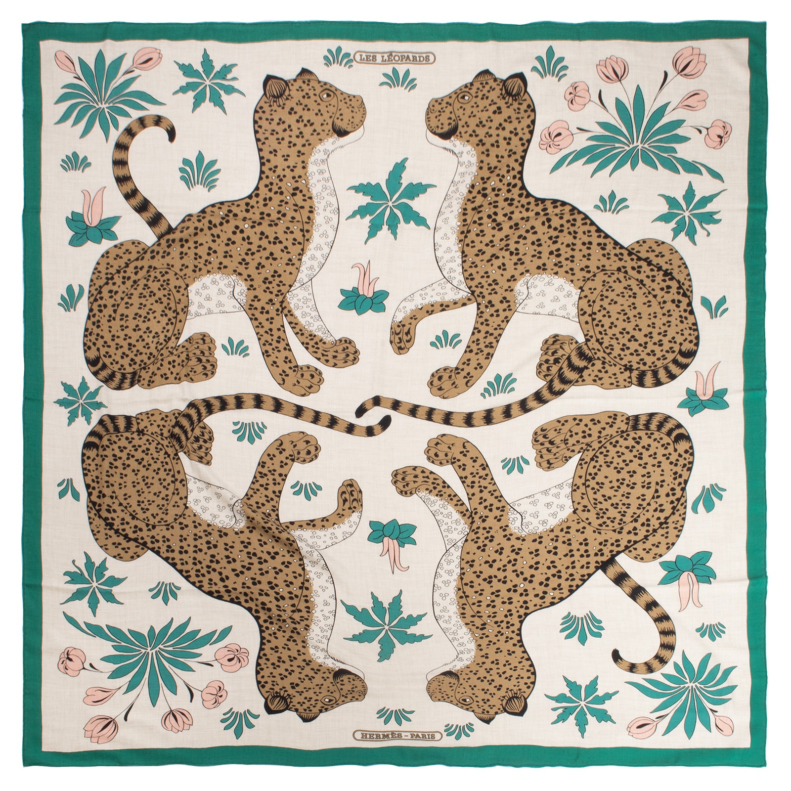 HERMES エルメス スカーフ カレ140 カレジェアン Les Leopards レオパード カシシル ストール ショール カシミヤ シルク ベージュ グリーン【中古】