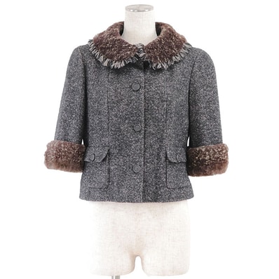 美品 シャネル 05A P26778 ツイード ラパン ラビットファー ジャケット レディース チャコール 40 CHANEL